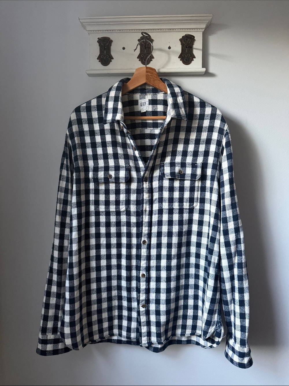 GAP Navy and White Checked Button-Down Shirt Outdoor Shacket Classic